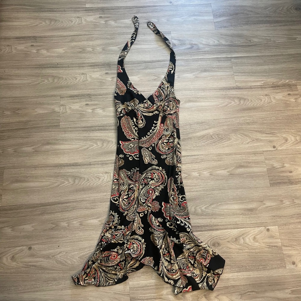 Vintage Y2K City Triangles Halter Midi Dress Paisley Wedding Cocktail Evening